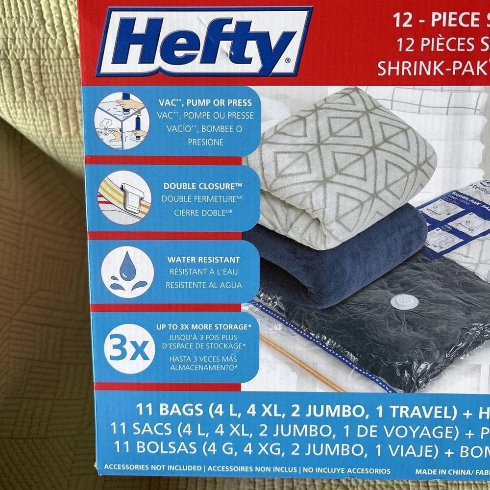 Hefty Shrink Pak 12PC Vacuum Storage Bags Variety Pack Assorted Hand Pump Includ